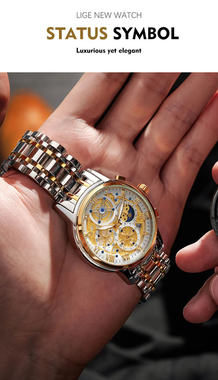 LIGE Luxury Fashion Men Watch Waterproof Luminous Date Man Wristwatch Stainless Steel Chronograph Quartz Men's Watches Reloj