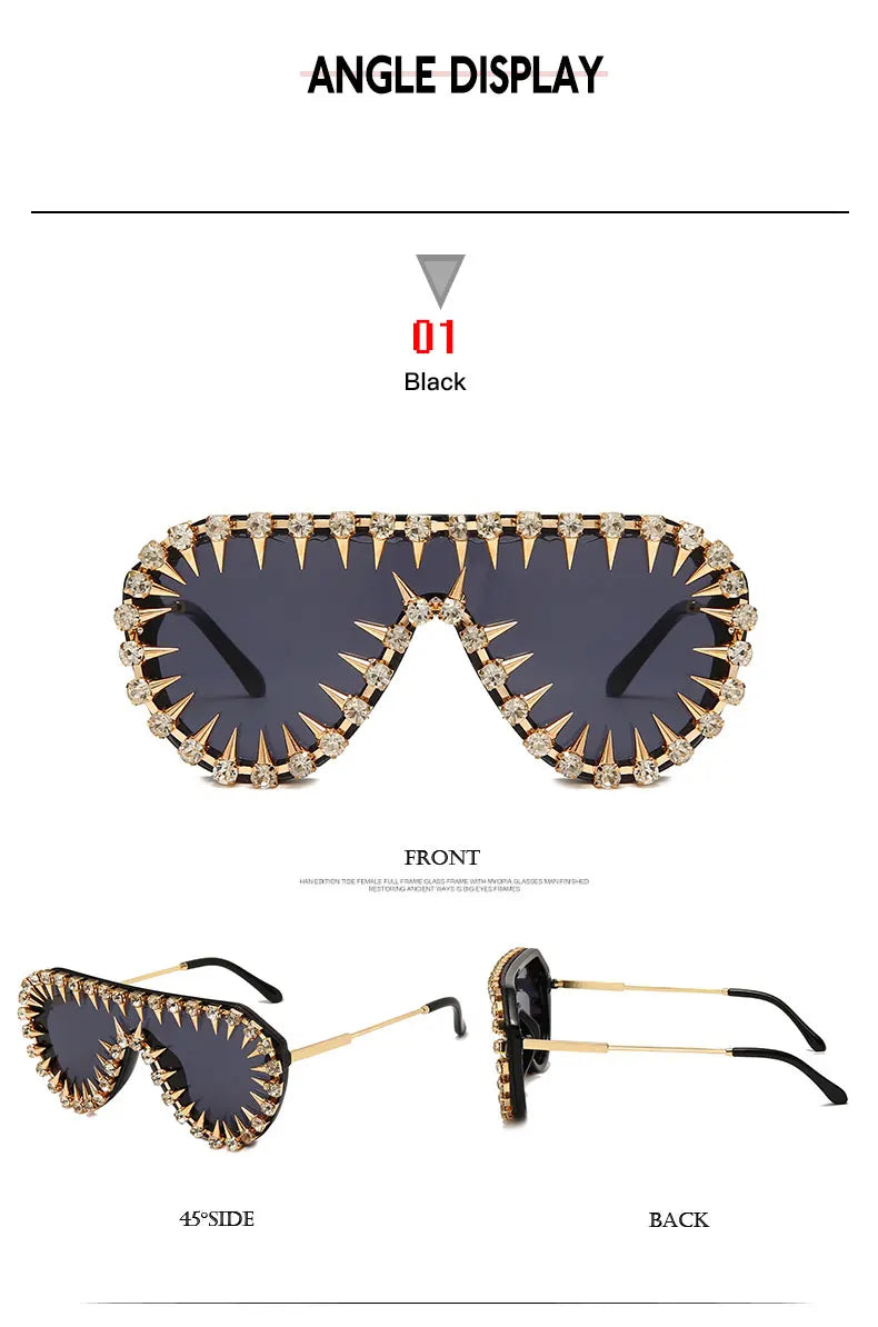 Steampunk Nail Diamond Oversized Sunglasses For Women Luxury Punk Rhinestones One Piece Sun Glasses Men Hip Hop Shades Eyewear