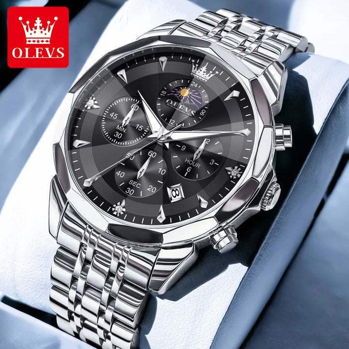 OLEVS 3673 Mens Watch Original Business Brand Quartz Watch Rhombus Mirror Waterproof Luminous Automatic Date Moon Phase Watch