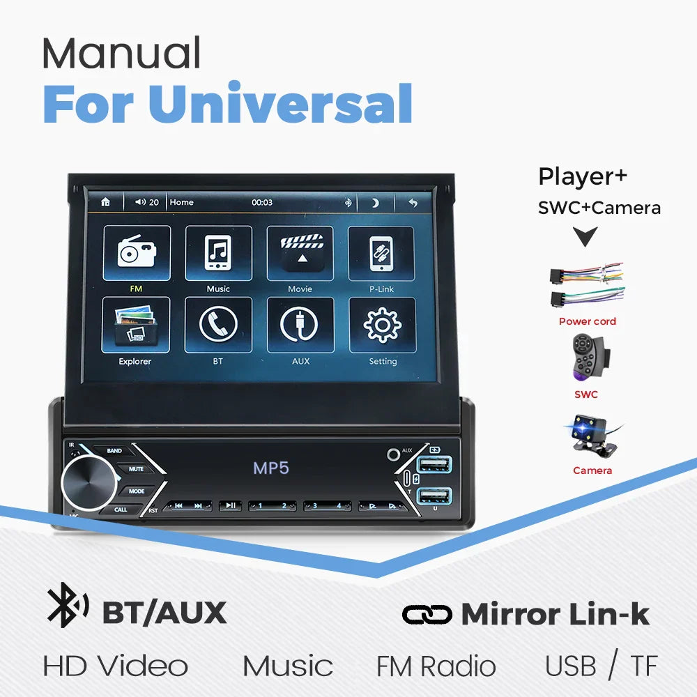 Universal 7" 1din Retractable Screen Car Radio Android Auto Carplay Multimedia Video Player Intelligent Vehicle System BT FM USB