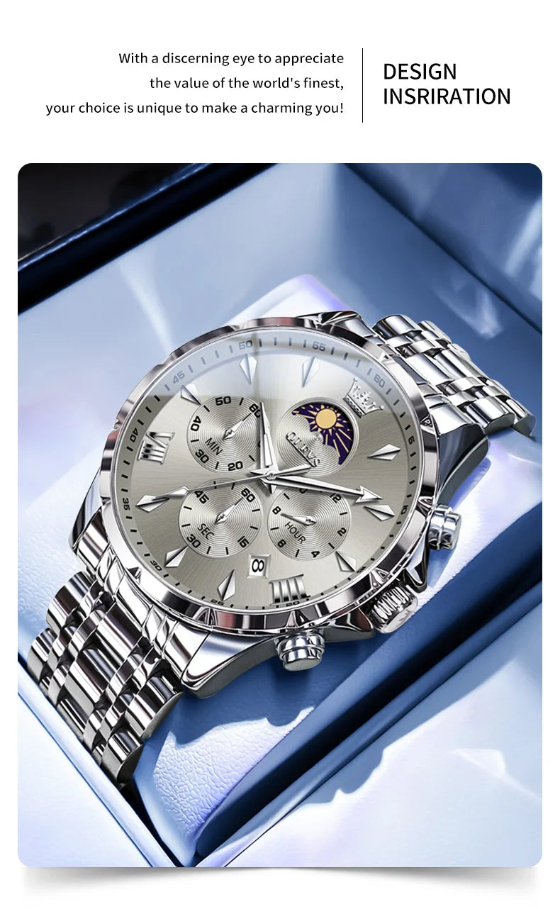 OLEVS Top Moon Phase Fashion Men's Watches Stainless steel Waterproof Quartz Watch for Man Calendar Luminous Daily Wristwatch
