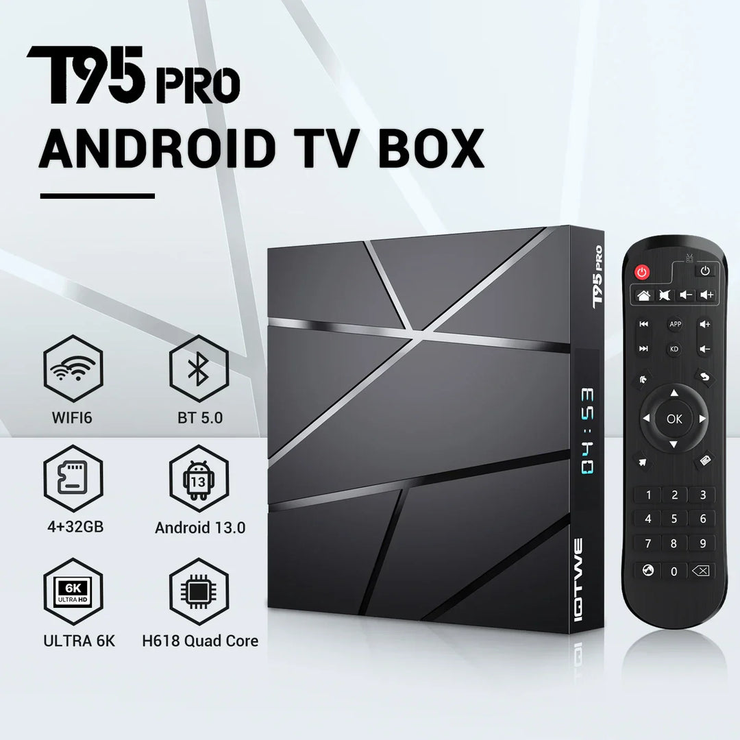 2025 New T95Pro Android 13.0 TV Box Quad-Core 4 GB+ 32 GB Bluetooth 5.0 WIFI6 6K HD Media Player