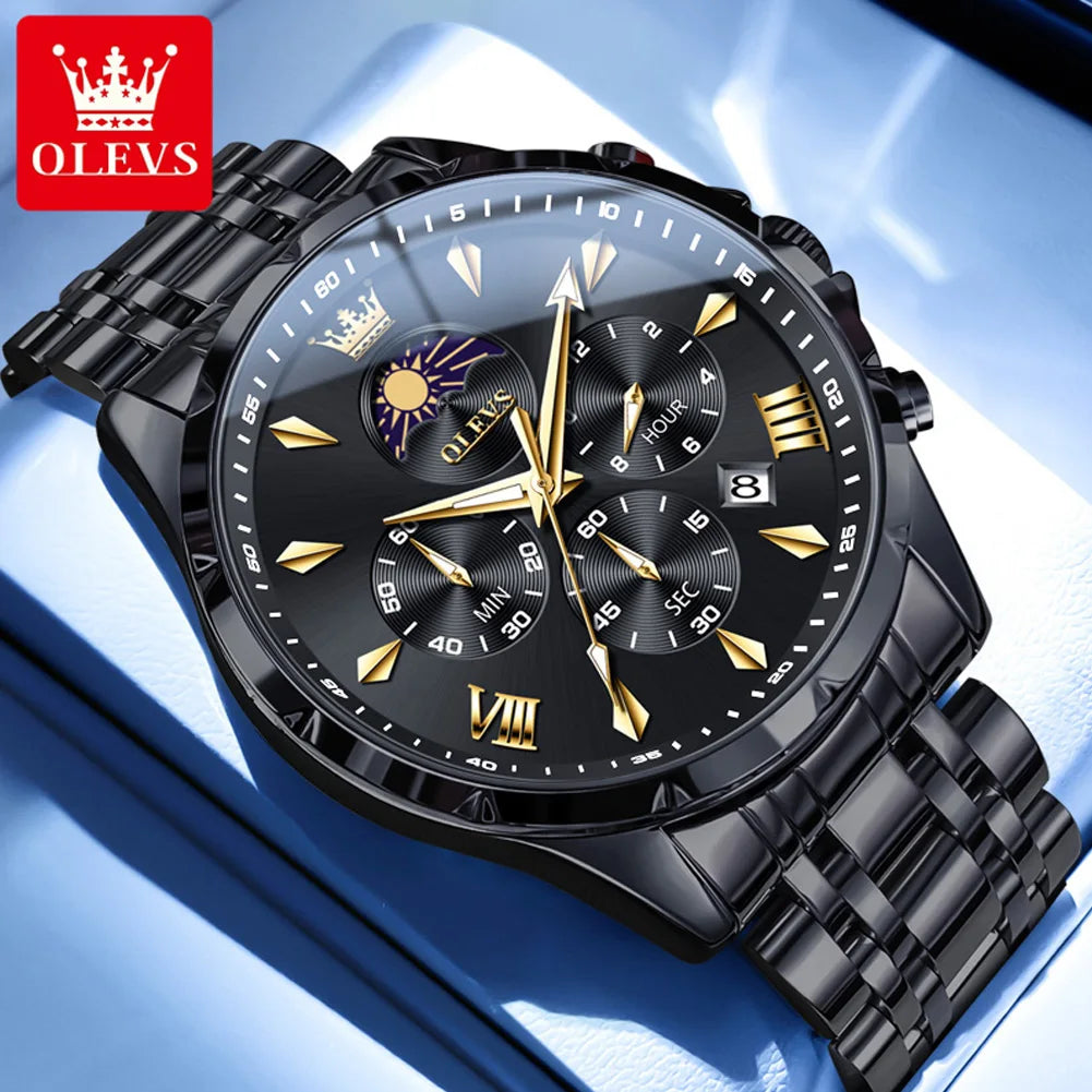 OLEVS Top Moon Phase Fashion Men's Watches Stainless steel Waterproof Quartz Watch for Man Calendar Luminous Daily Wristwatch