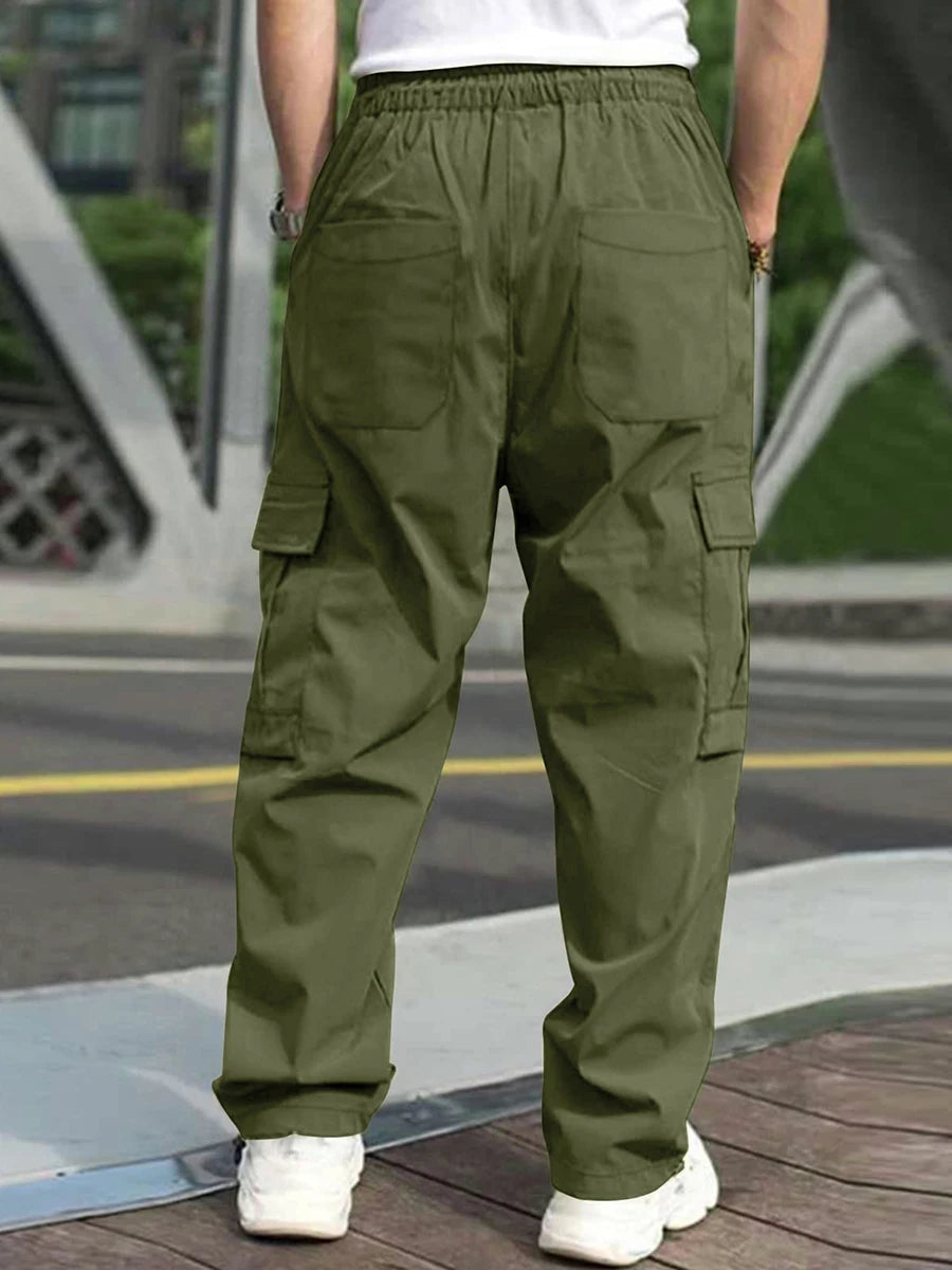 Men s Loose Cargo Long Pants Solid Color Drawstring Waist Straight Leg Trousers Casual Work Pants with Pockets