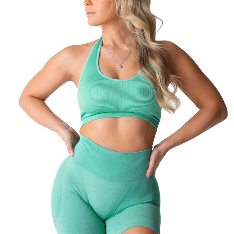 New Limitless Ribbed Seamless Halter Bra Spandex  Woman Fitness Elastic Breathable Breast Enhancement Leisure Sports Underwear
