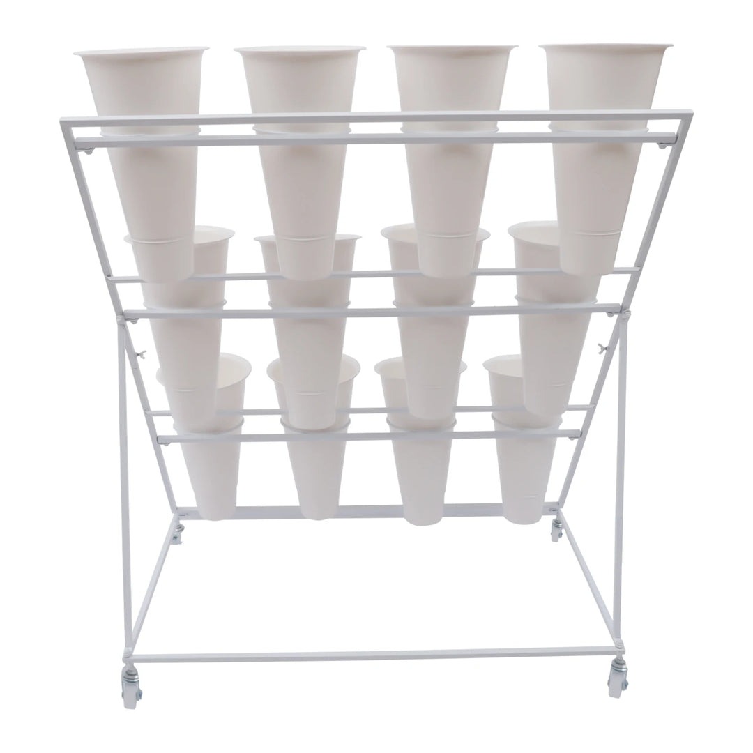 3 Layers Flower Display Stand Movable Modern Metal Plant Shelf with 12Pcs Flower Buckets & Wheels for Home Garden Patio Balcony