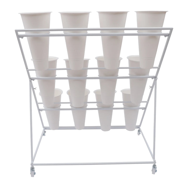3 Layers Flower Display Stand Movable Modern Metal Plant Shelf with 12Pcs Flower Buckets & Wheels for Home Garden Patio Balcony