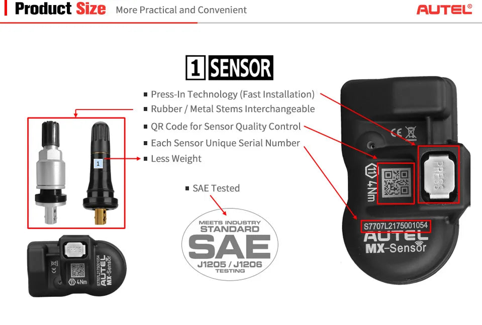 Autel TPMS Sensor MX-Sensor 2in1 315MHz + 433MHz Tire Replacement Sensor OE-Level Programmable & Cloneable TPMS Pressure Sensor