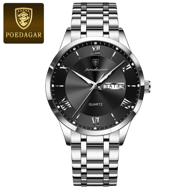 POEDAGAR Business Fashion Man Watch Waterproof Luminous Date Week Male Wristwatch Stainless Steel Quartz Men Watches Reloj +Box