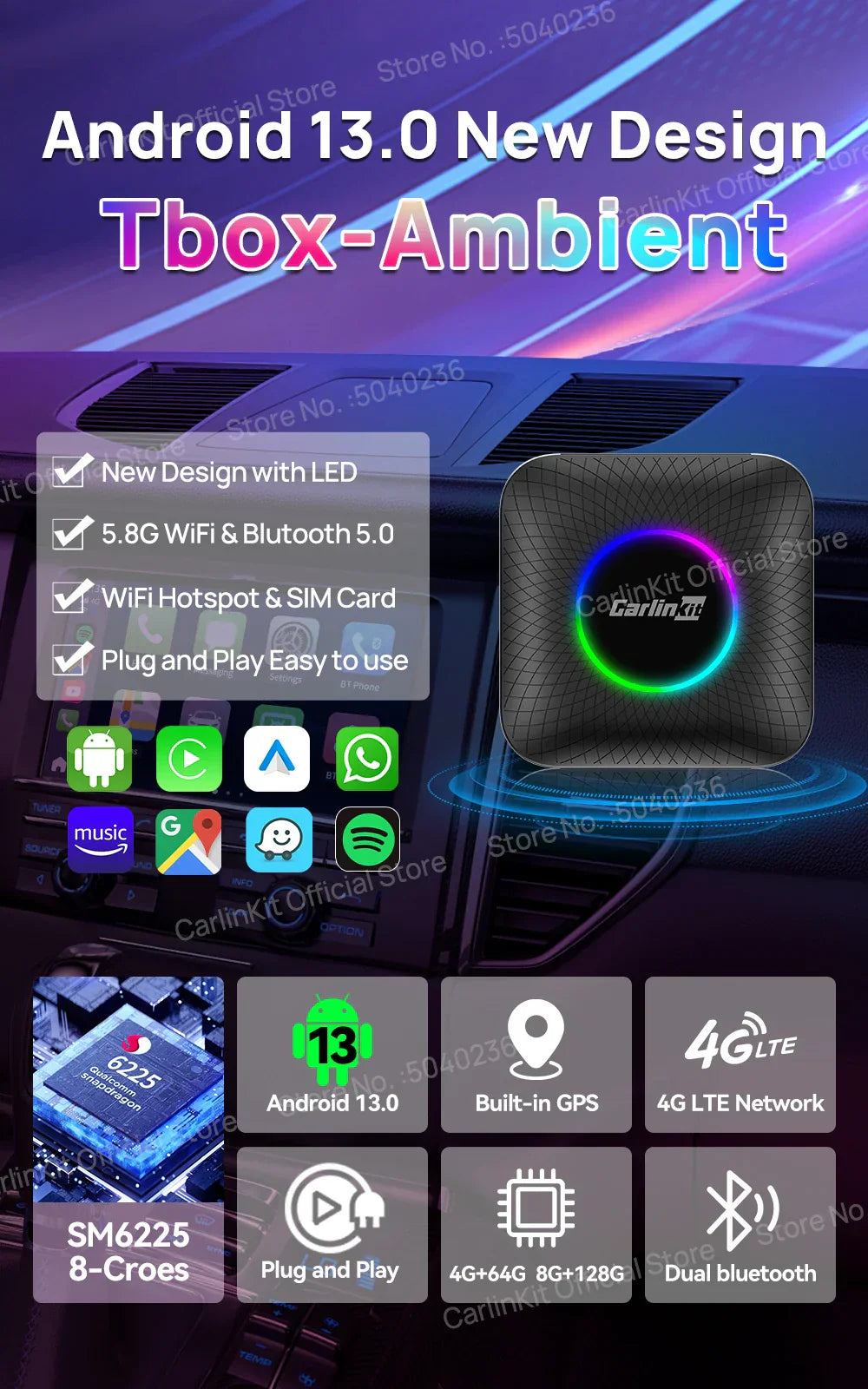 2025  CarlinKit CarPlay AI Box Android 13.0 SM6225 QCM6125 Android Auto Wireless CarPlay Adapter 2.4+5GGPS 64G 128G FOTA Upgrade