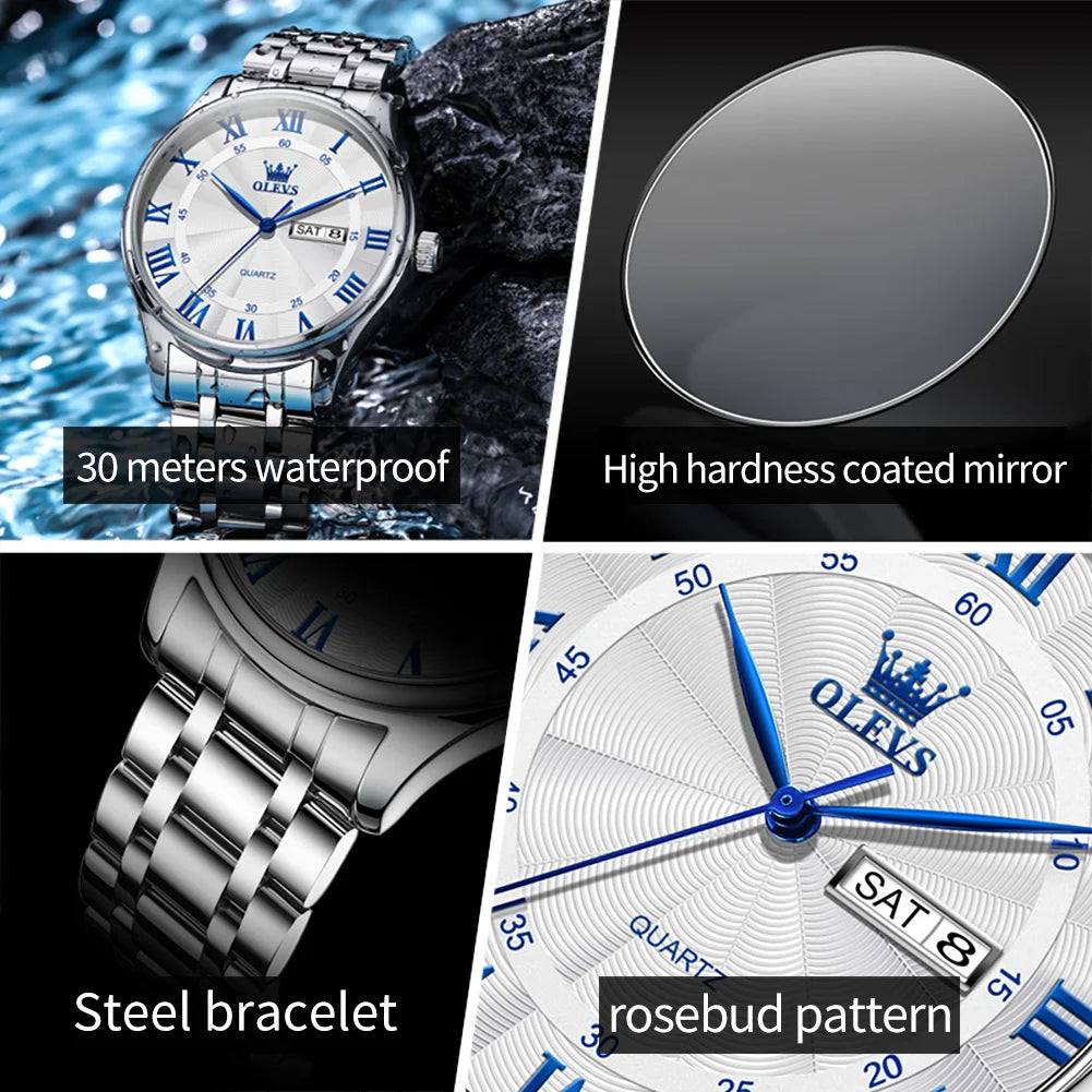 OLEVS 3663 Mens Watch Classic Original Brand Quartz Watch Waterproof  Luminous Watches For Men Dual Calendar Display Gifts Box