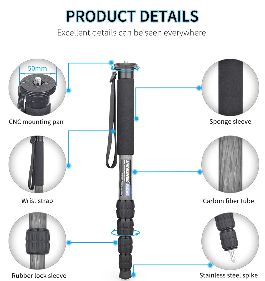 RM285C/RM325C Professional Carbon Fiber Monopod for Canon Nikon Sony DSLR Camera Video Camcorder 5-Section Photography Bracket