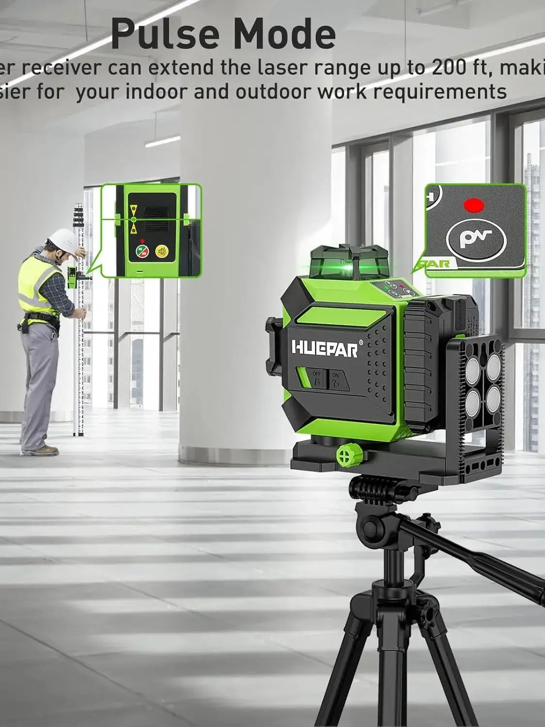 Huepar 703CG 12 Lines 3D Laser Level Self-Leveling Cross Line Green Level Adjust Bright Alignment Laser Tool with Li-ion Battery