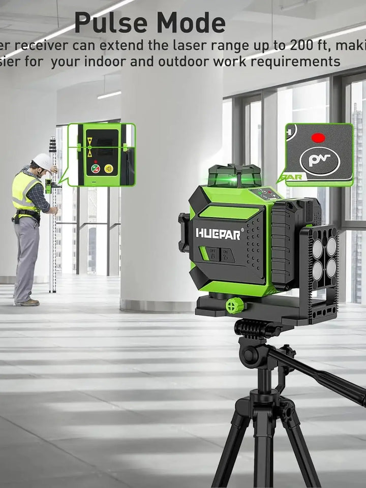 Huepar 703CG 12 Lines 3D Laser Level Self-Leveling Cross Line Green Level Adjust Bright Alignment Laser Tool with Li-ion Battery