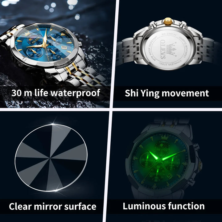 OLEVS 3673 Mens Watch Original Business Brand Quartz Watch Rhombus Mirror Waterproof Luminous Automatic Date Moon Phase Watch