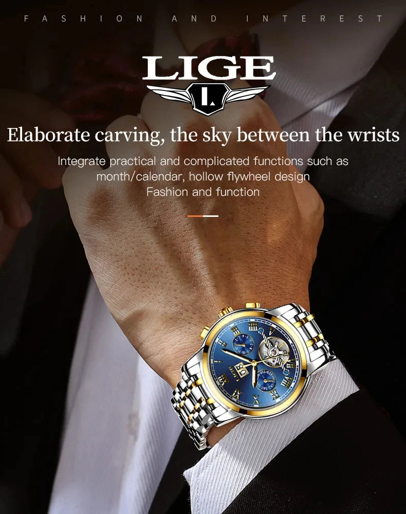 LIGE Fashion Men's Mechanical WristWatches Business Waterproof Tourbillon Watch Men Top Brand Luxury Automatic Watches For Men