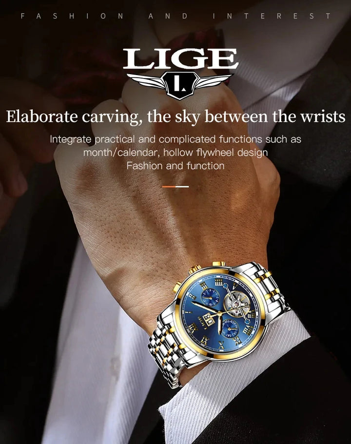 LIGE Fashion Men's Mechanical WristWatches Business Waterproof Tourbillon Watch Men Top Brand Luxury Automatic Watches For Men