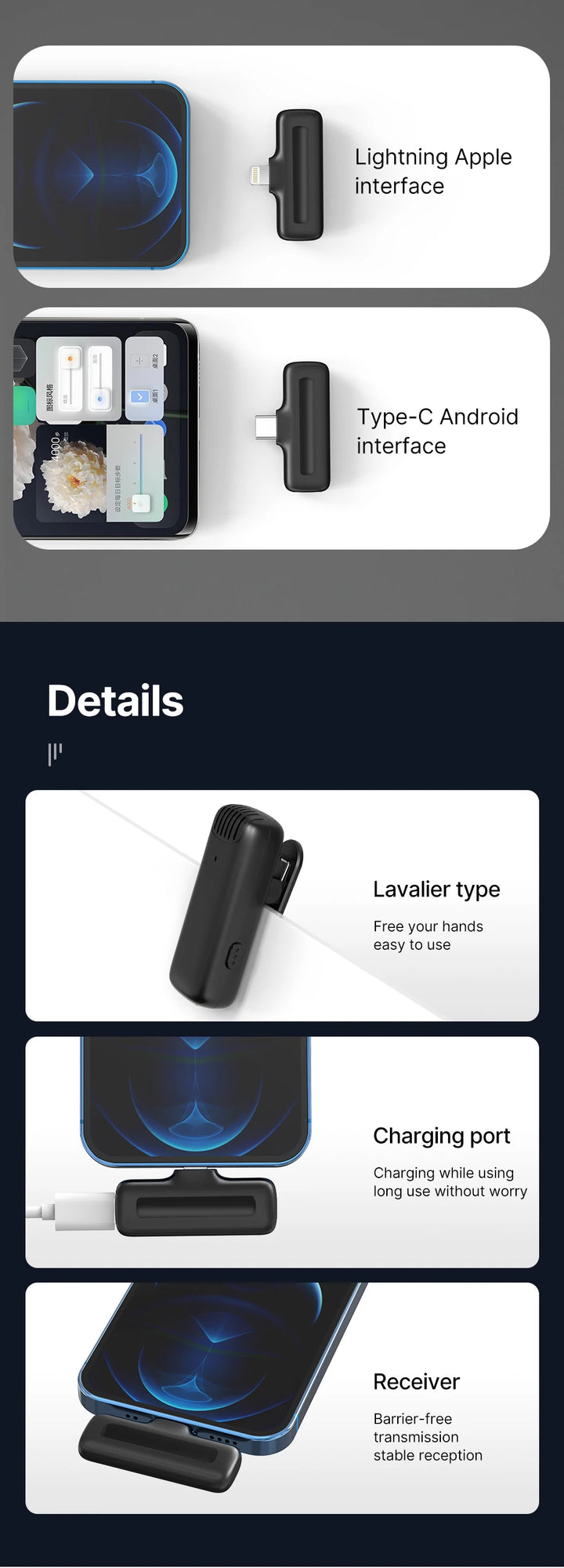 Ulanzi J12 Wireless Lavalier Microphone System Audio Video Recording Microphone Mini Mic for iPhone Android Live Broadcast