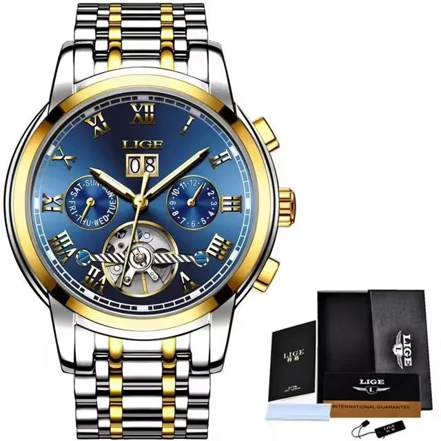 LIGE Fashion Men's Mechanical WristWatches Business Waterproof Tourbillon Watch Men Top Brand Luxury Automatic Watches For Men