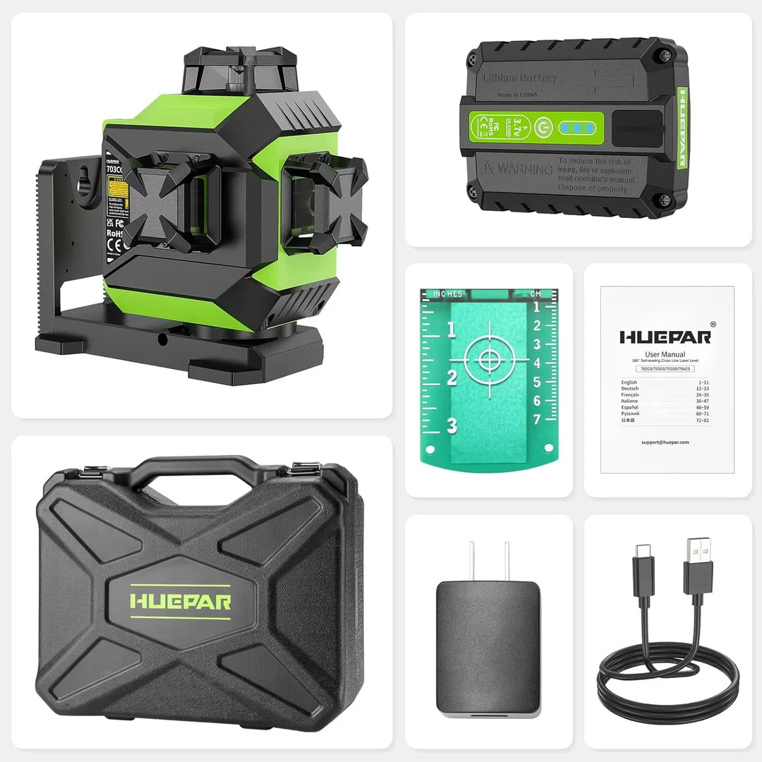 Huepar 703CG 12 Lines 3D Laser Level Self-Leveling Cross Line Green Level Adjust Bright Alignment Laser Tool with Li-ion Battery