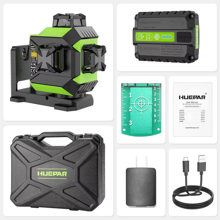 Huepar 703CG 12 Lines 3D Laser Level Self-Leveling Cross Line Green Level Adjust Bright Alignment Laser Tool with Li-ion Battery