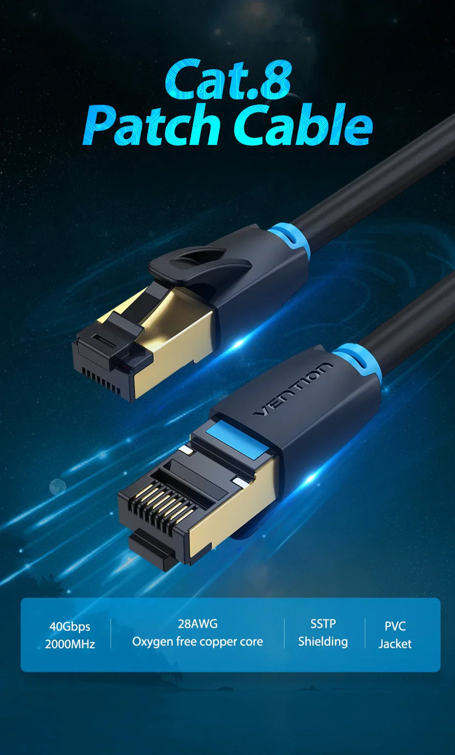 Vention Cat8 Ethernet Cable STTP 40Gbps 2000MHz Cat 8 RJ45 Network Lan Patch Cord for Router Modem Internet RJ 45 Ethernet Cable