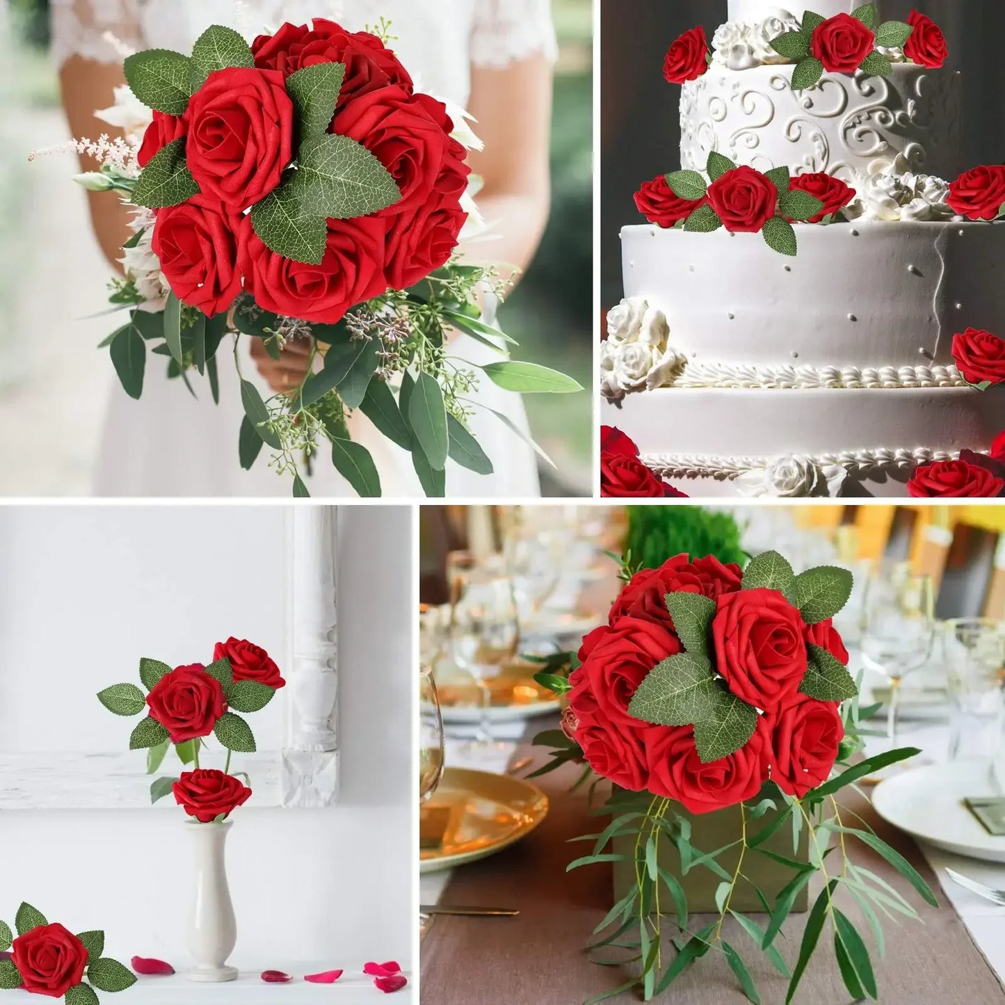 Realistic Artificial Red Roses with Stems