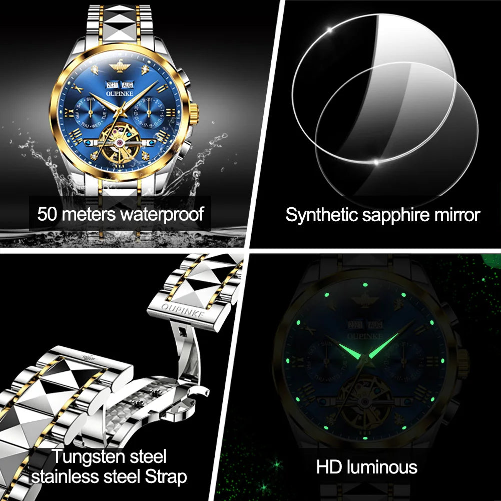 OUPINKE Automatic Mechanical Watch for Men 50M Waterproof Sapphire Mirror Luxury High Level Wristwtch