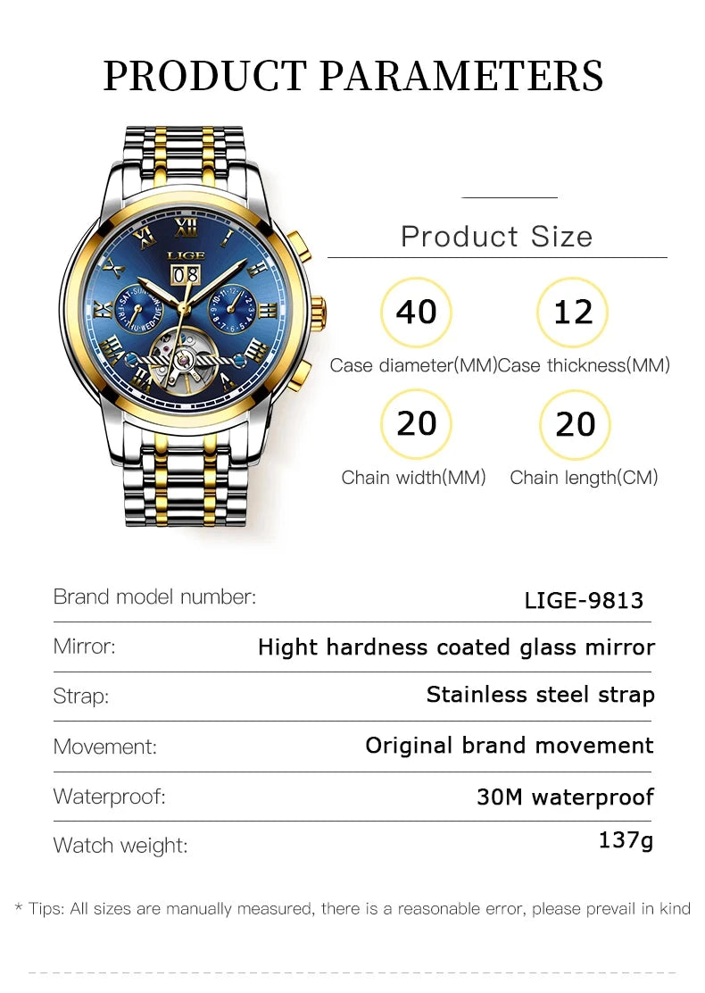 LIGE Fashion Men's Mechanical WristWatches Business Waterproof Tourbillon Watch Men Top Brand Luxury Automatic Watches For Men