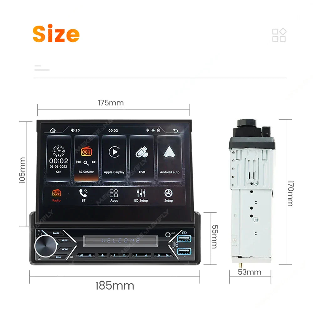 Universal 7" 1din Retractable Screen Car Radio Android Auto Carplay Multimedia Video Player Intelligent Vehicle System BT FM USB