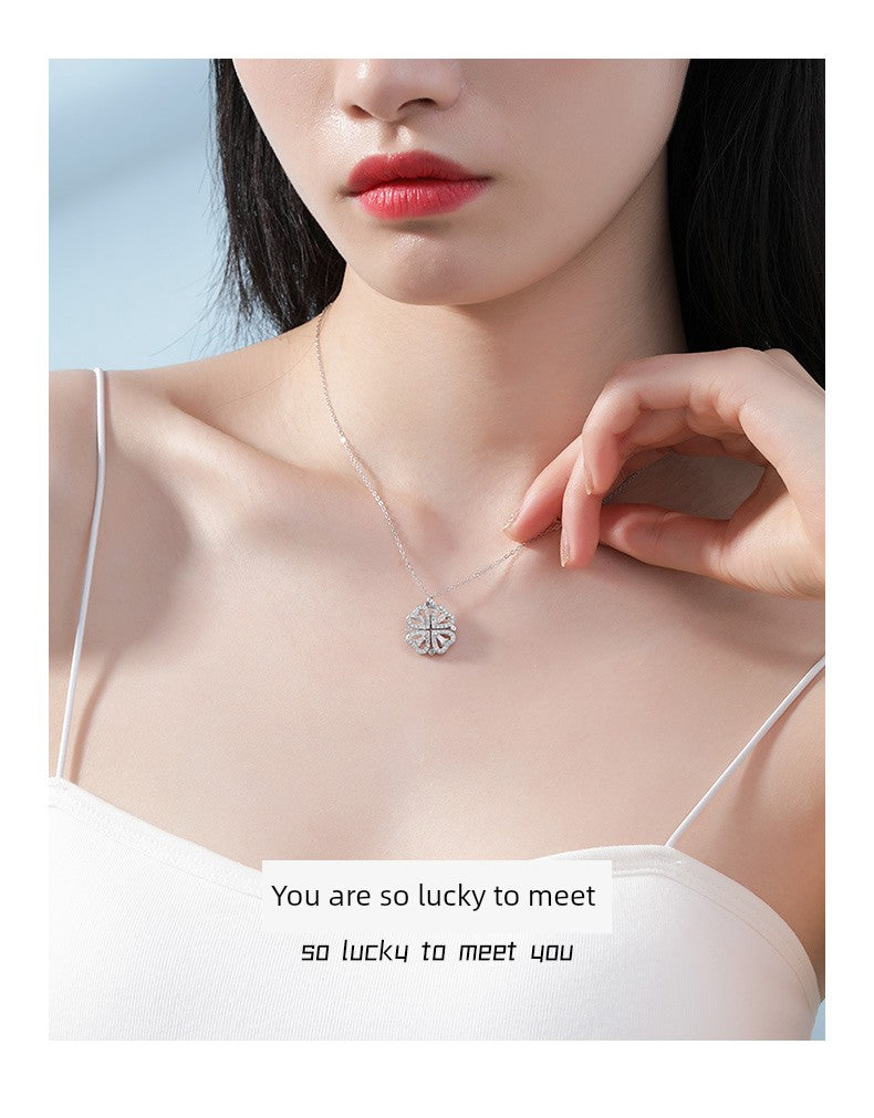 Four-Leaf Clover Foldable Sterling Silver Clavicle Chain Chinese Valentine's Day Gift