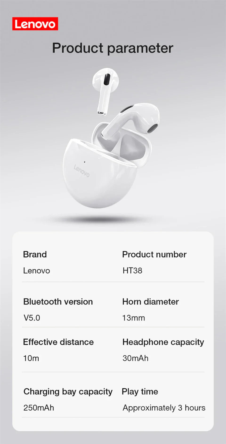 Original Lenovo HT38 TWS Earphone Wireless Bluetooth 5.0 Headphones Stereo Bass With Microphone Noise Reduction Mini Headset