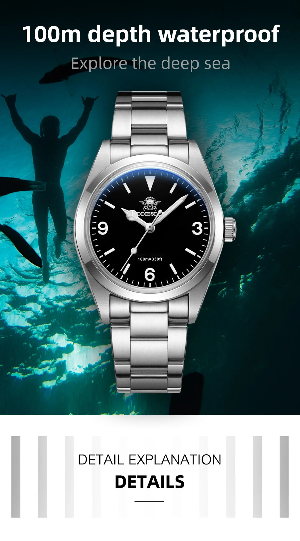 ADDIESDIVE Top Brand Men's Luxury Stainless Steel Wristwatch Sapphire Glass Luminous 100m Waterproof Reloj Hombre Quartz Watches