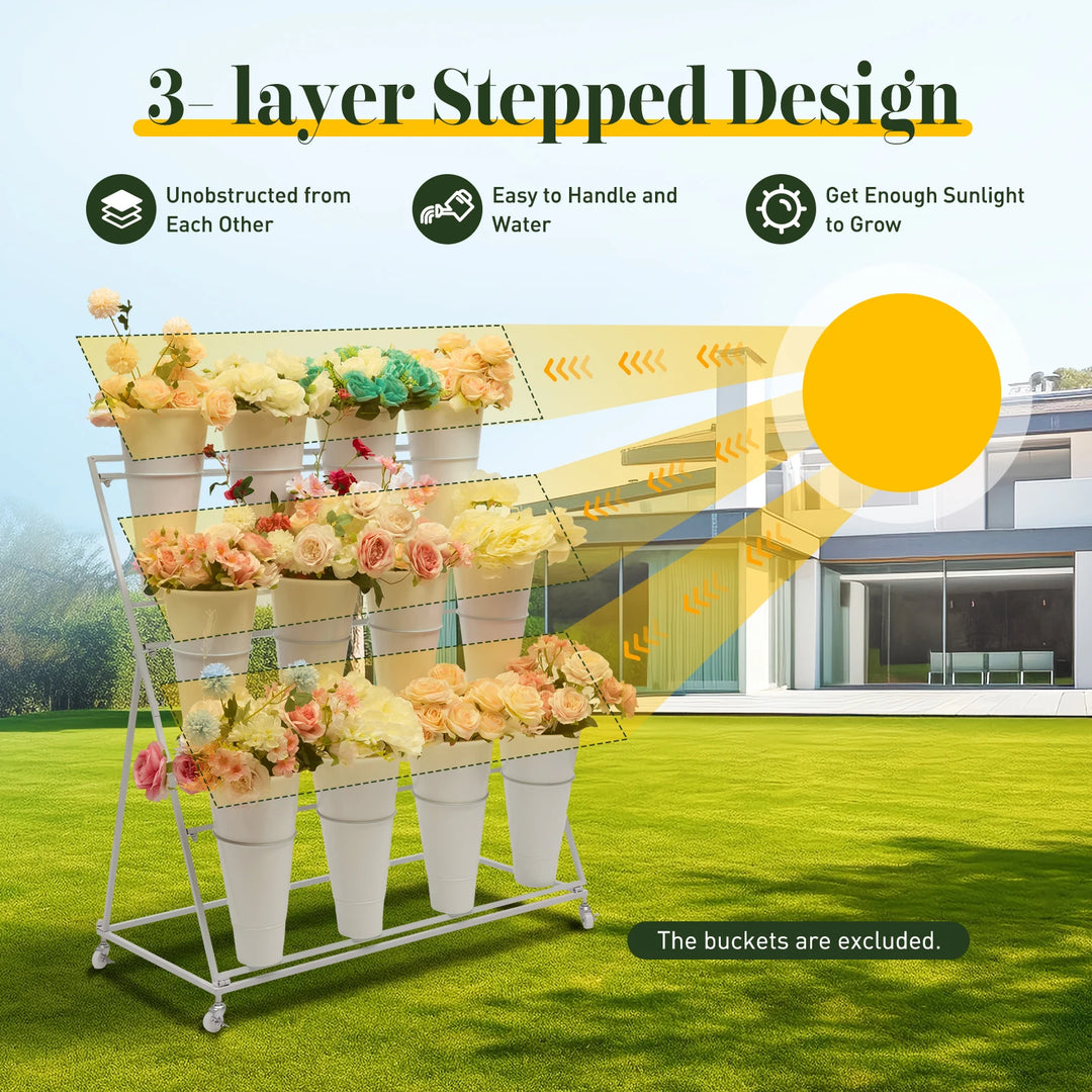 3 Layers Flower Display Stand Movable Modern Metal Plant Shelf with 12Pcs Flower Buckets & Wheels for Home Garden Patio Balcony
