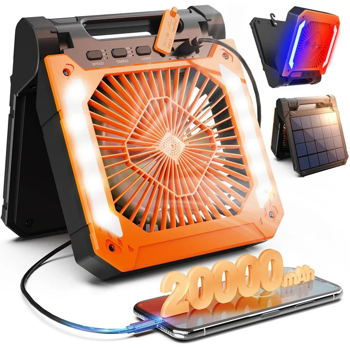 20000mAh Portable Electric Fan With Led Light Tent Car Camping Hook&USB&Solar Charging For Hiking Fishing Picnic Emergency