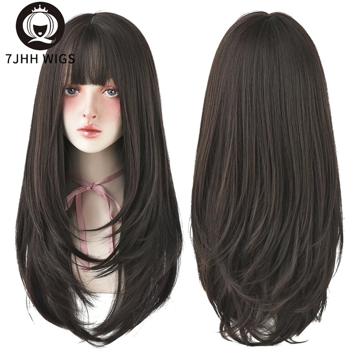 7JHHWIGS Long Wavy Synthetic Black Wigs For Women With Fringe Fashion Heat Resistant Mid-Length Daily Straight Light Brown Hair