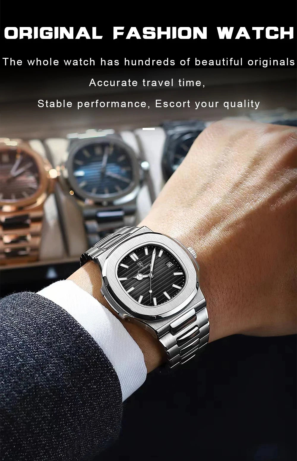 POEDAGAR Luxury Casual Watch Top Brand Fashion Square Dial Stainless Steel Calendar Luminous Waterproof Men Watch Male Clock+Box