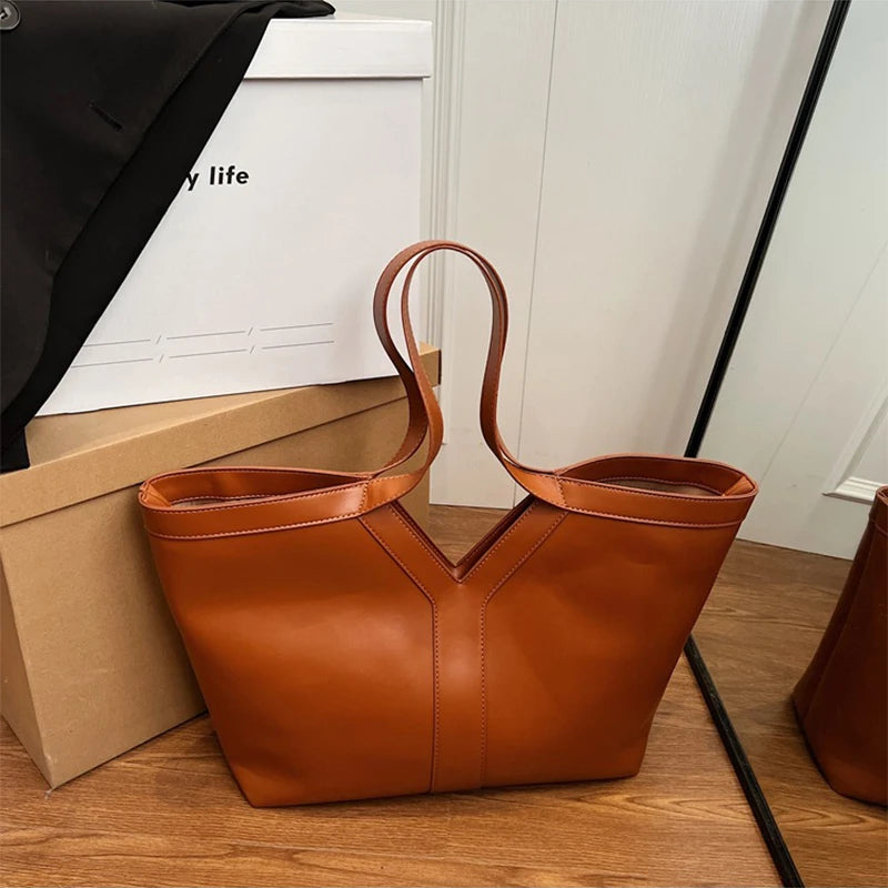 Soft Luxury Y Letter Women Shoulder Bag New Genuine Leather Fashion Large Capacity Tote Bag High-end Casual Commuting Brand Bag