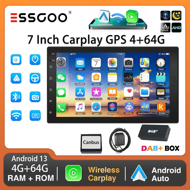 ESSGOO Car Stereo Radio Wireless CarPlay Android Auto 2 DIN 7" Car Stereo HD FM-Radio GPS Touch Screen Head Unit 4+64G DAB+AHD