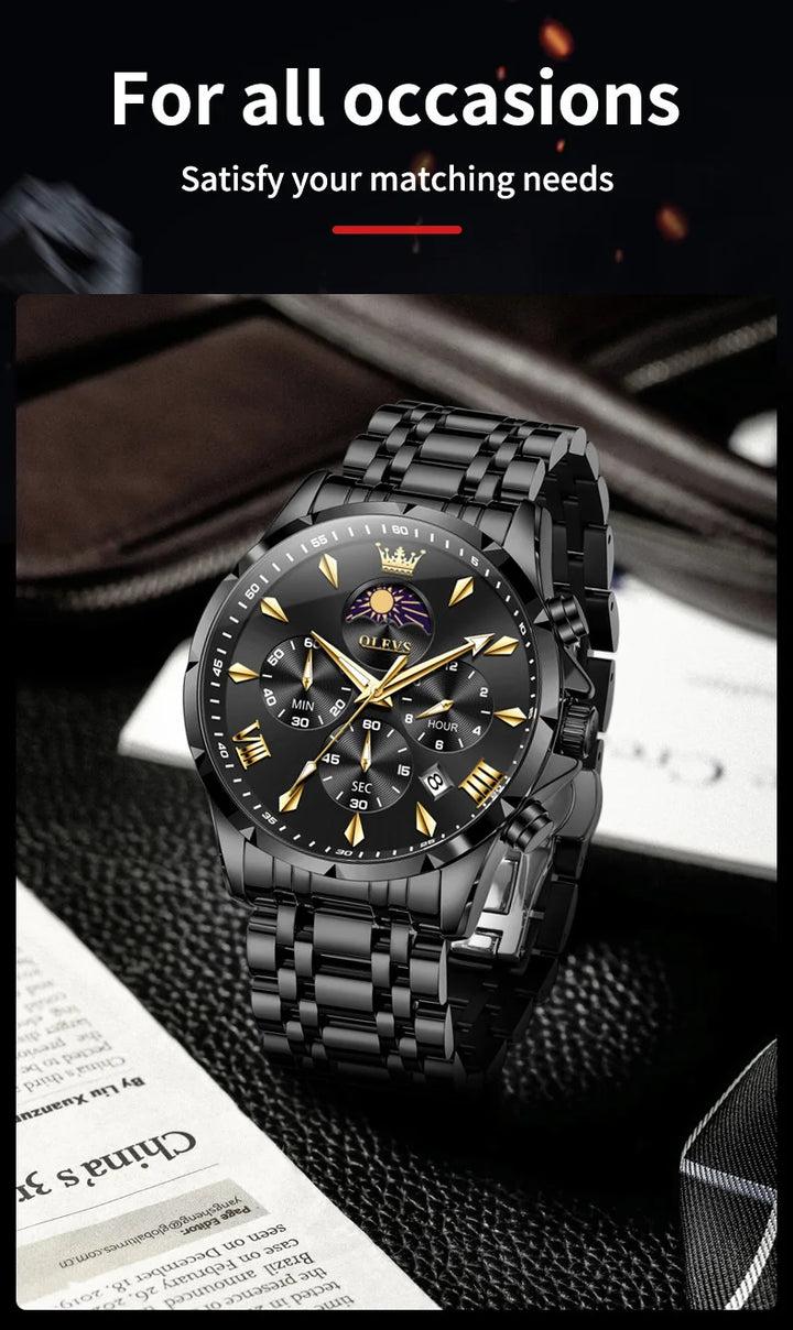 OLEVS Top Moon Phase Fashion Men's Watches Stainless steel Waterproof Quartz Watch for Man Calendar Luminous Daily Wristwatch
