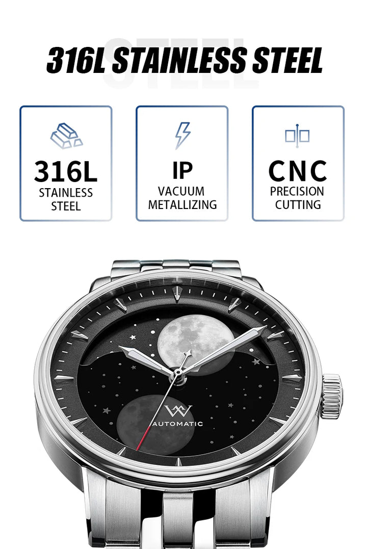 WM Watch Welly Merck Automatic Mechanical Watches Men Lunar Moon Phase Sapphire Waterproof Man Luminous Twin Moons Watch WM142