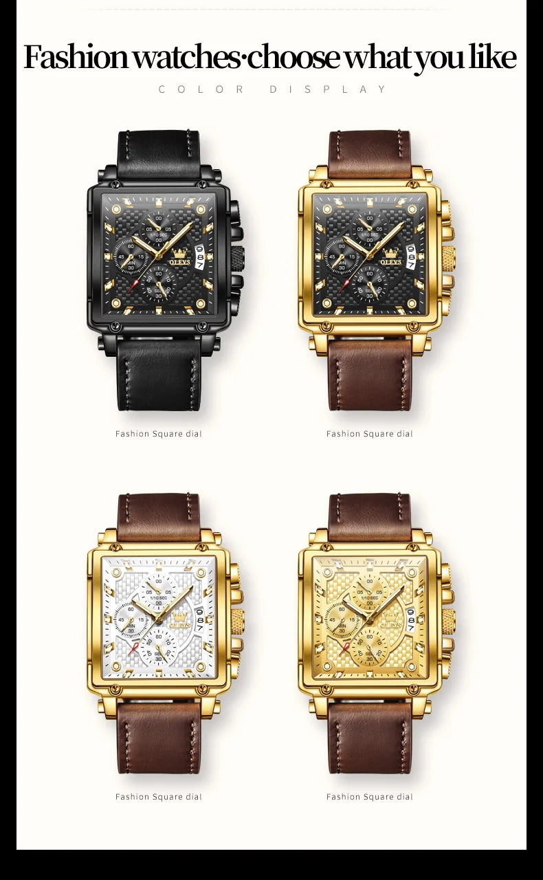 OLEVS Men's Top Brand Square Quality Quartz Wristwatch Chronograph Waterproof Original Watch for Man Luminous Date Luxury