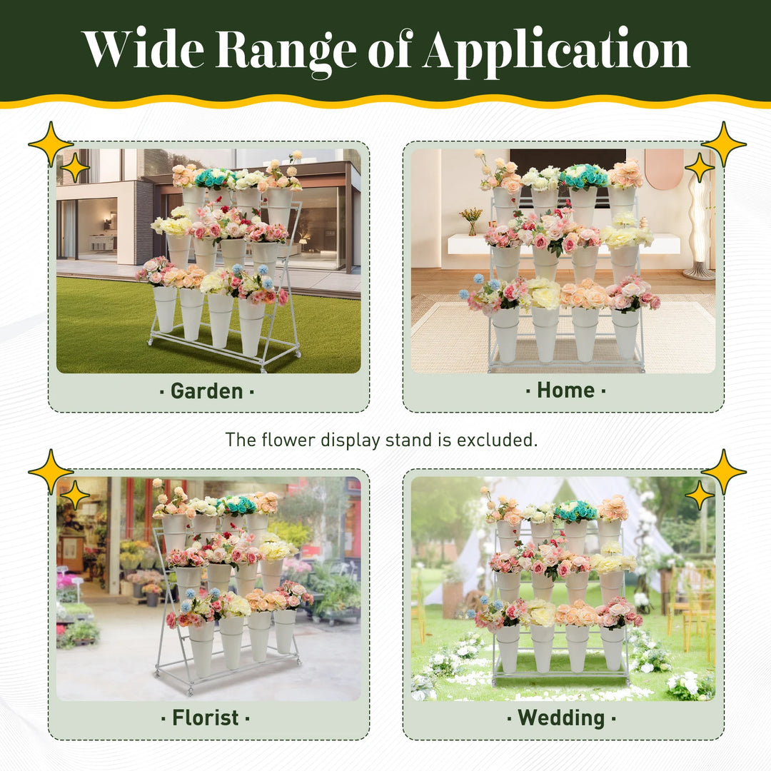 3 Layers Flower Display Stand Movable Modern Metal Plant Shelf with 12Pcs Flower Buckets & Wheels for Home Garden Patio Balcony