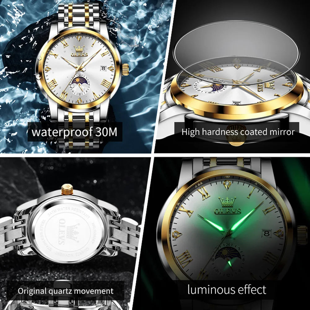 OLEVS Trend Fasahion Men's Watches Stainless Steel Original Quartz Watch for Man Waterproof Luminous Date Moon Phase Wristwatch