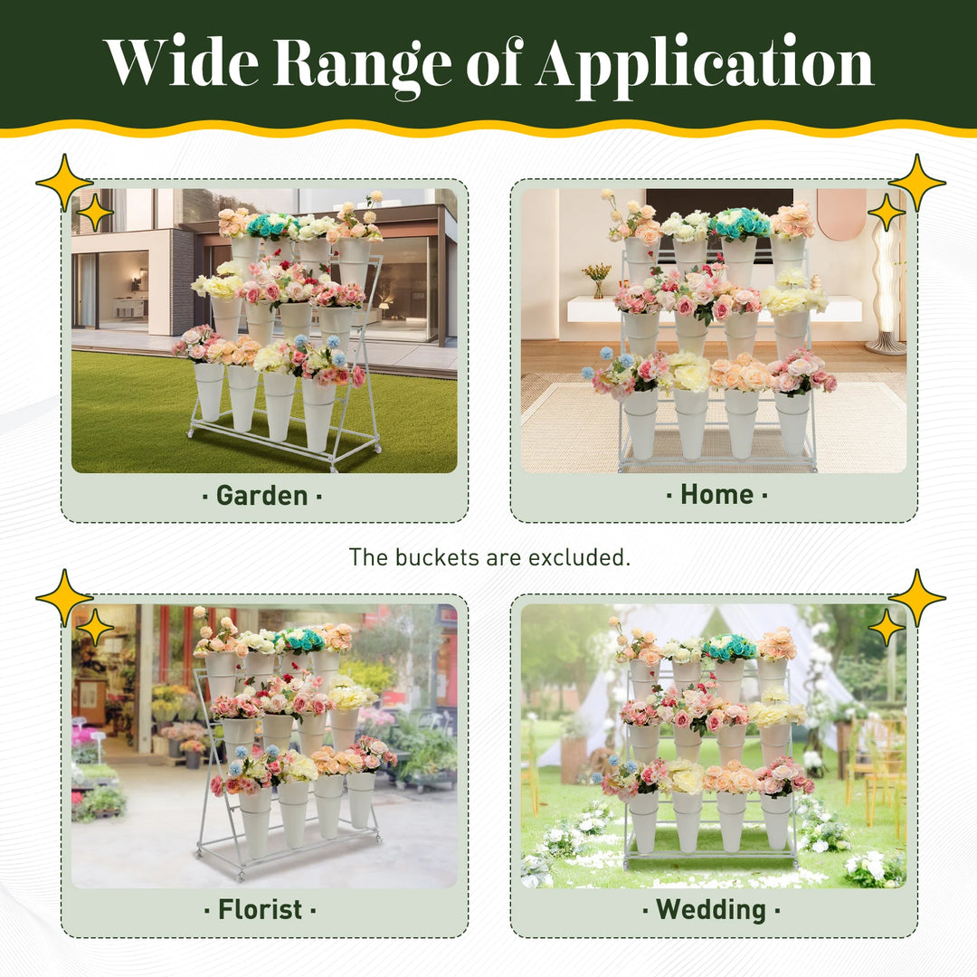 3 Layers Flower Display Stand Movable Modern Metal Plant Shelf with 12Pcs Flower Buckets & Wheels for Home Garden Patio Balcony