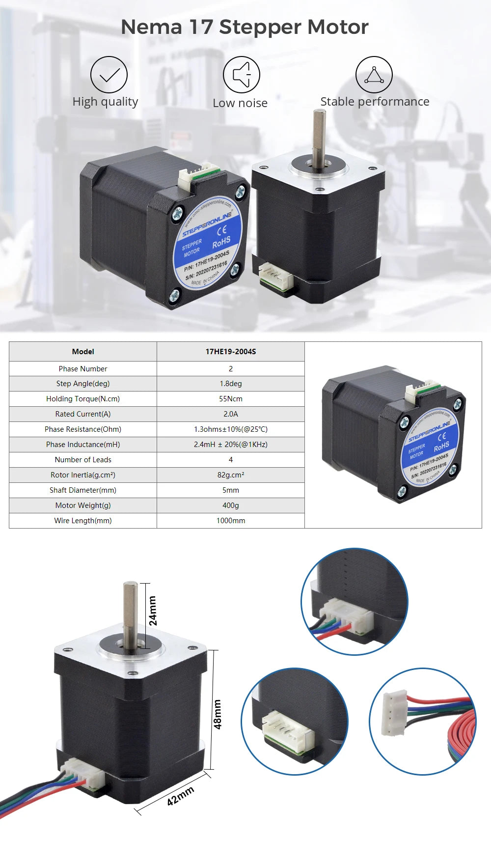 STEPPERONLINE Nema 17 Stepper Motor Motor 48mm 0.55N.m 2A Nema17 Stepping Motor for 3D printer CNC Engraving Milling Machine