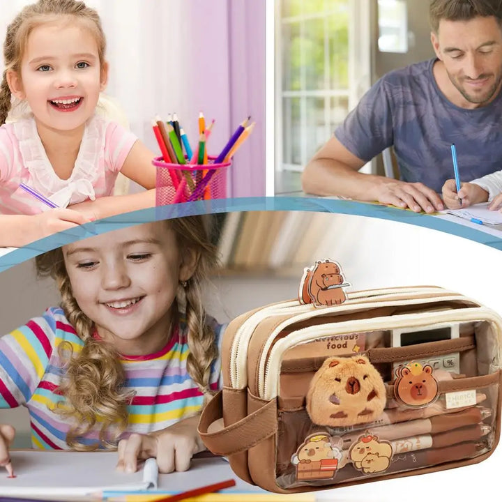 Clear Plastic Pencil Case With Cute Capybara Plush And Pins Multi-layers Pouch Large Capacity Aesthetic Pencil Pouch Stationary