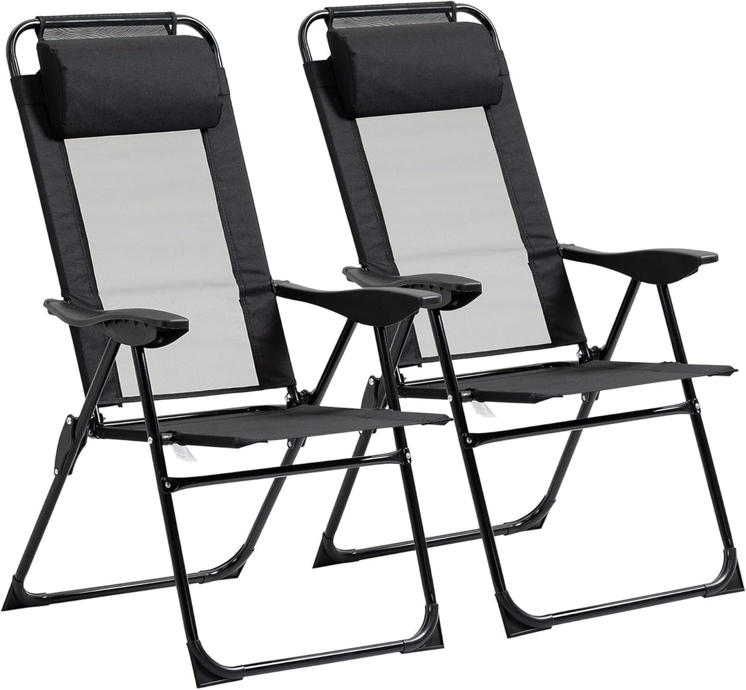 THTGCD Folding Patio Chairs Set of 2, Outdoor Deck Chair with Adjustable Sling Back, Camping Chair with Removable Headrest for Garden, Backyard, Lawn, Black