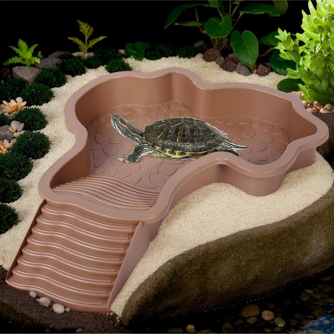 Tortoise Water Dish with Ramp and Basking Platform, Reptile Food Dish Turtle Water Bowl, Reptile Bathing Pool Amphibians Habitat Accessories for Lizard, Box Turtle, Horned Frog