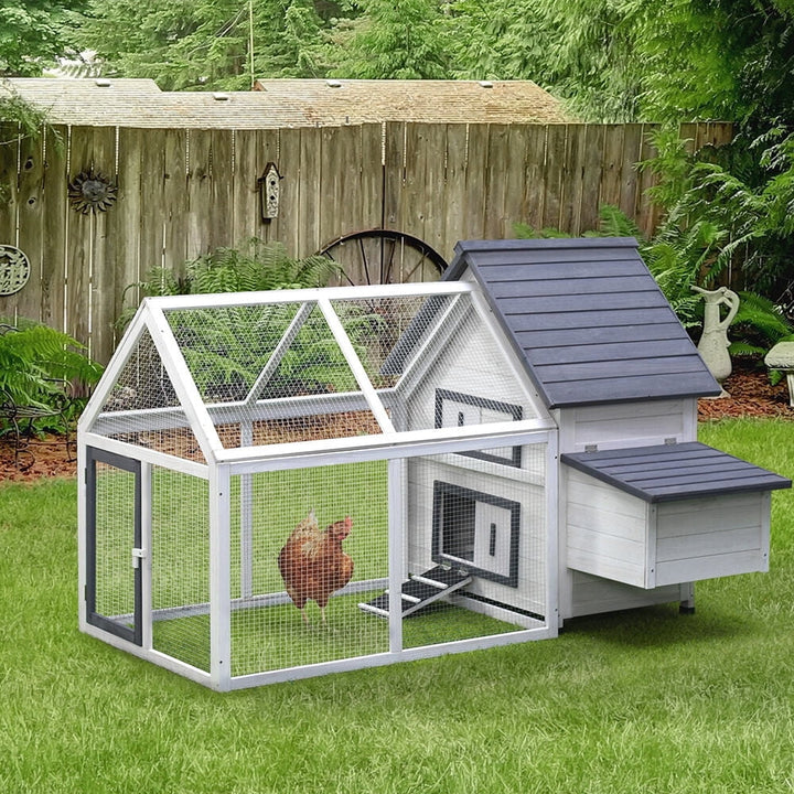 WRXNOOK 65" Wooden Chicken Coop, Outdoor Hen House with Detachable Run & Nesting Box, Removable Tray, Ramp Poultry Cage